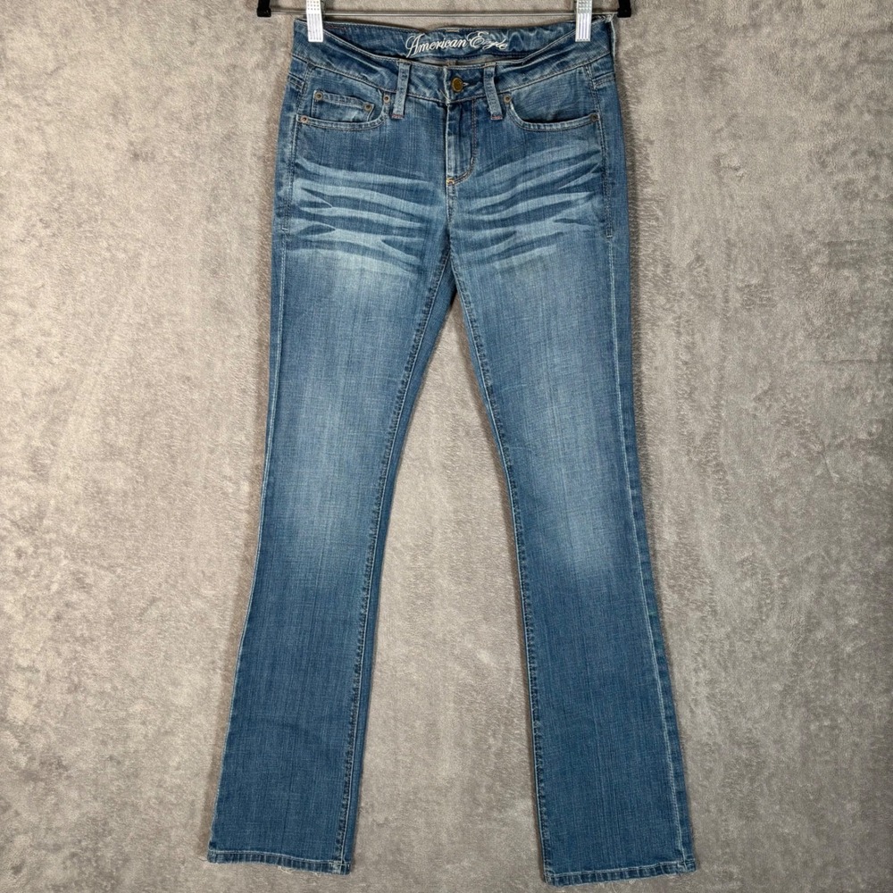 American Eagle True Boot Jeans Womens 0 Long Medium Wash Low Rise Distressed